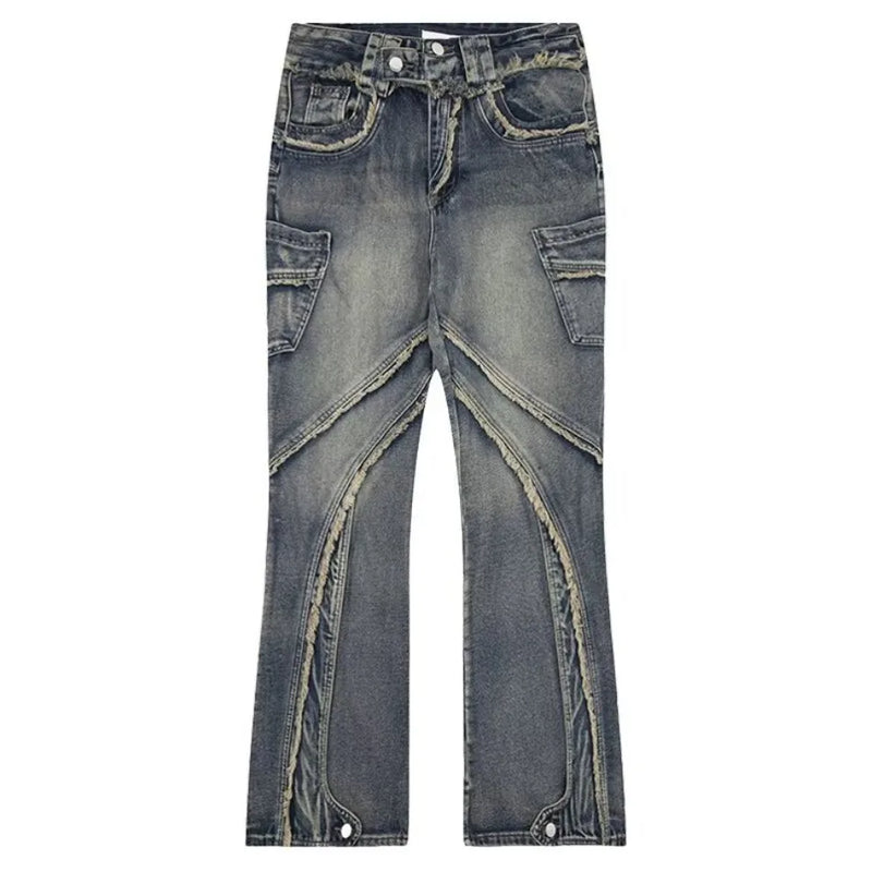 high street jeans mens spring autumn rough edge splicing design trendy denim pants multiple pockets punk cowboy flared trousers unique jeans style 424