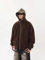 American Hoodie Mens Detachable Hat Grid Pattern Color Block Loose Fak