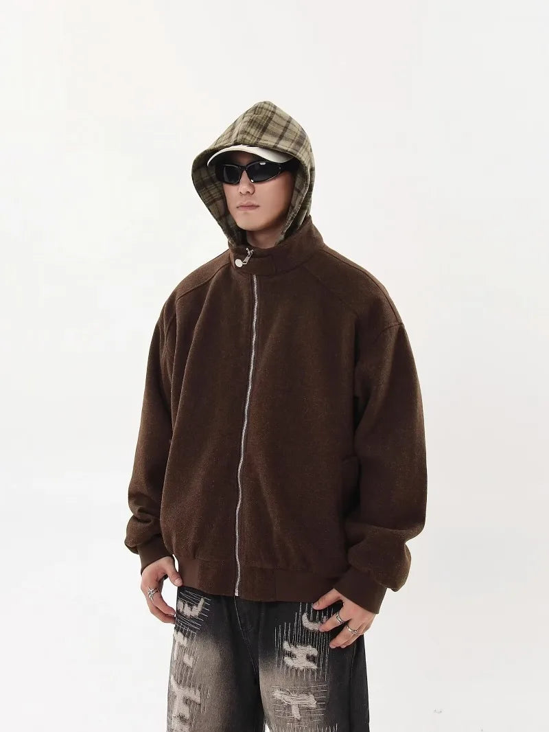 American Hoodie Mens Detachable Hat Grid Pattern Color Block Loose Fak