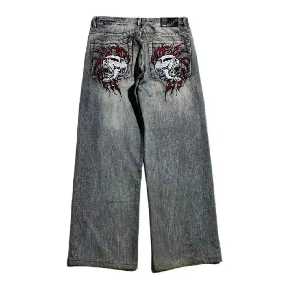 goth hip hop oversized skull embroidery pattern y2k baggy jeans new men and women straight black jeans retro casual denim pants unique jeans style 913