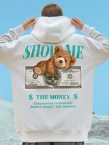 Money Bear Print Fleece Hoodies For Men Autumn Hip Hop Hooded Sweatshirt