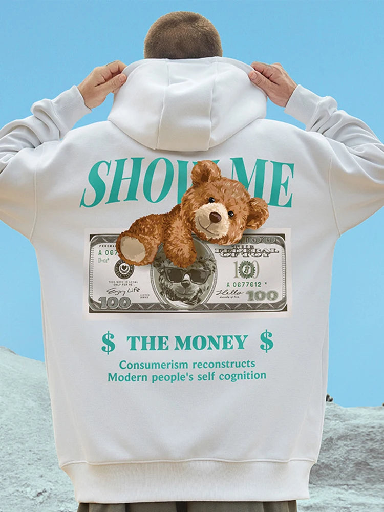 Money Bear Print Fleece Hoodies For Men Autumn Hip Hop Hooded Sweatshirt