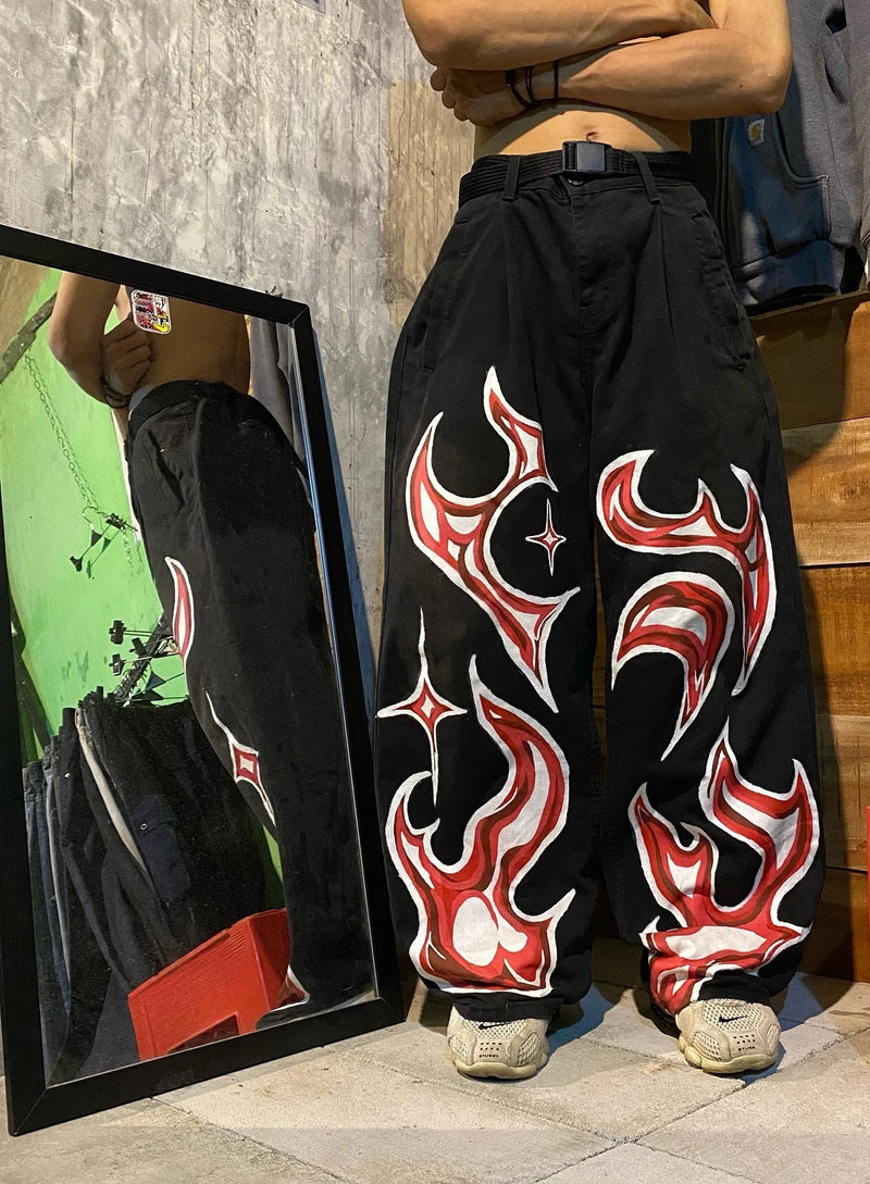y2k men s jeans oversized hip hop goth flame pattern print baggy jeans for men retro straight wide leg denim pants streetwear ripped baggy denim
