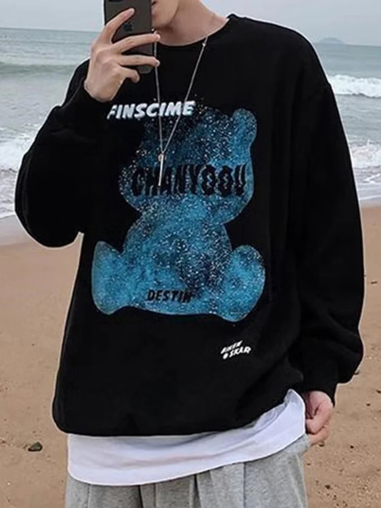 Graphic Blue Bear Kawaii Print Pullovers Hoodies For Men Autumn Fleece