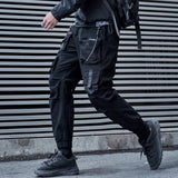 mens cargo pants elastic waist trousers streetwear hip hop loose fit ankle drawstring military pockets sweatpants joggers black unique joggers style 4102