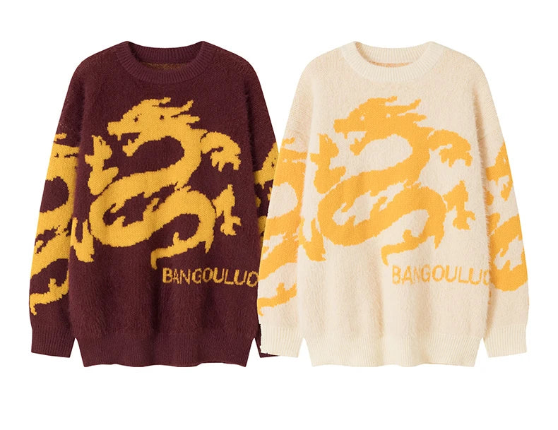 hip hop knitted sweater men winter o neck anime chinese dragon pattern pullover streetwear casual loose sweater jumper knitwear unique limited edition hoodie, streetwear fashion hoodie, oversized graphic print design