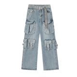 fashion loose streetwear cargo denim jeans unisex casual multi pocket straight jean pants with belt hip hop joggers baggy jeans unique joggers style 3700
