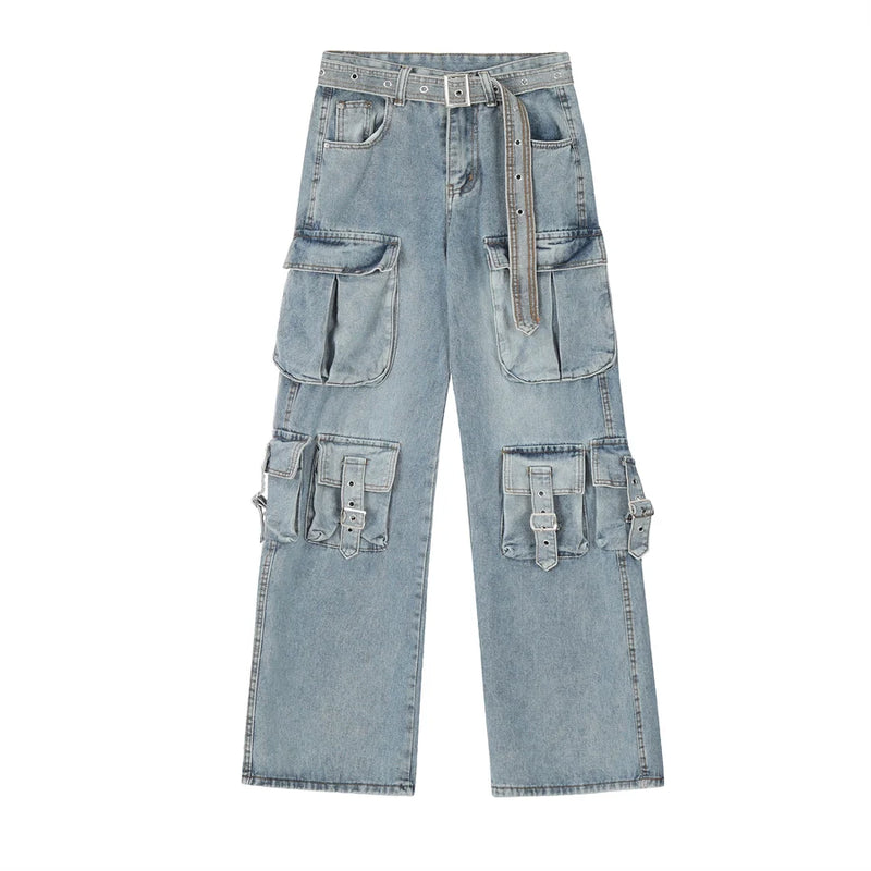 fashion loose streetwear cargo denim jeans unisex casual multi pocket straight jean pants with belt hip hop joggers baggy jeans unique joggers style 3700
