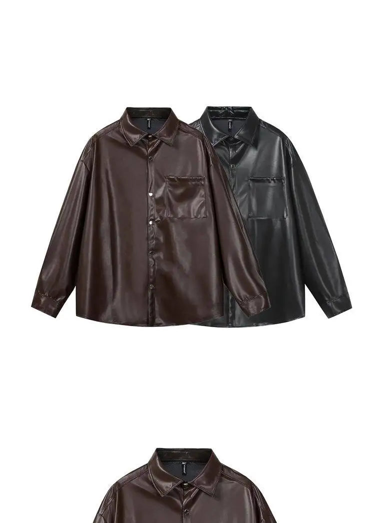 Fashion PU Jacket Shirt Men's Streetwear Oversize Loose Casual Long Sleeve Shirt Coat Plus Size Shirts Blouses for Men Clothes