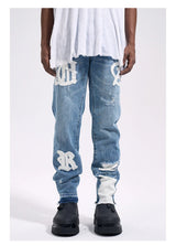 Frog drift Fashion Streetwear High Street REMAKE y2k Straight Stickers Blue Denim Jeans Trousers for men homme
