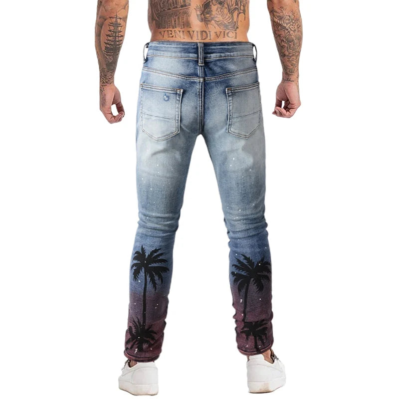 high street printed ripped holes denim jeans mens casual slim fit biker zipper trousers streetwear hip hop jean pants joggers streetwear sweatpants