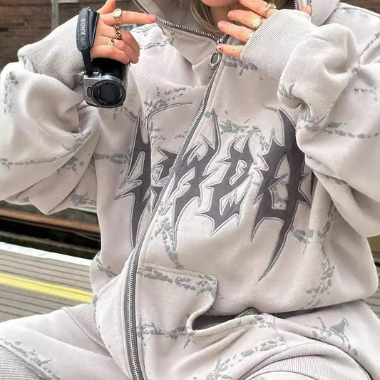 style loose men's zipper sweatshirt trend ins retro printed long-sleeved hooded jacket top