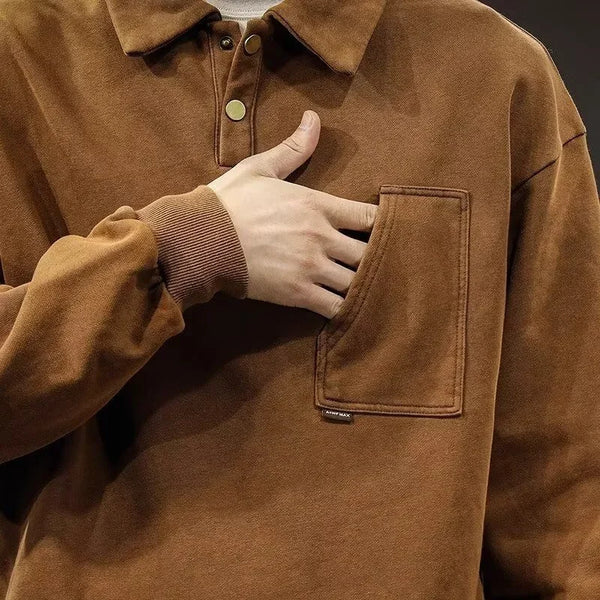 Autumn Y2K Vintage Long Sleeve Sweatshirt Mens Loose Pockets Polo Neck
