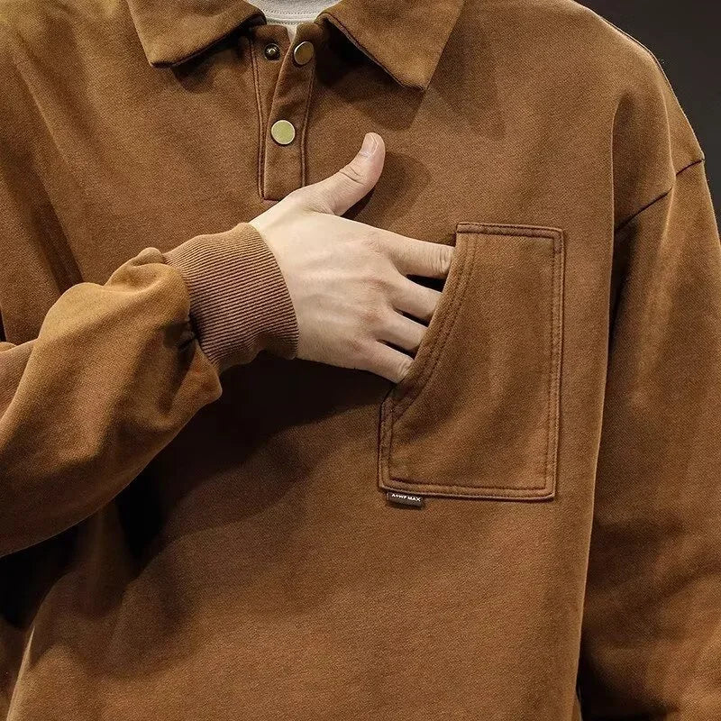 Autumn Y2K Vintage Long Sleeve Sweatshirt Mens Loose Pockets Polo Neck