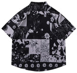 Men Hawaiian Shirt Retro Floral Print Short Sleeve Blouse Hong Kong Style Summer Beach Vacation Tops Casual Loose Shirt Black