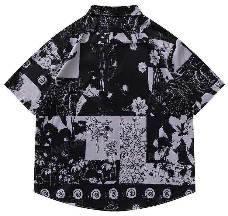 Men Hawaiian Shirt Retro Floral Print Short Sleeve Blouse Hong Kong Style Summer Beach Vacation Tops Casual Loose Shirt Black