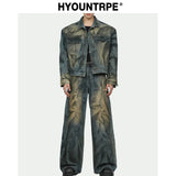 2 pieces sets mens fashion dirty graffiti wide shouder denim jeans jacket coat and wide legs pants joggers new streetwear sets sporty tapered joggers