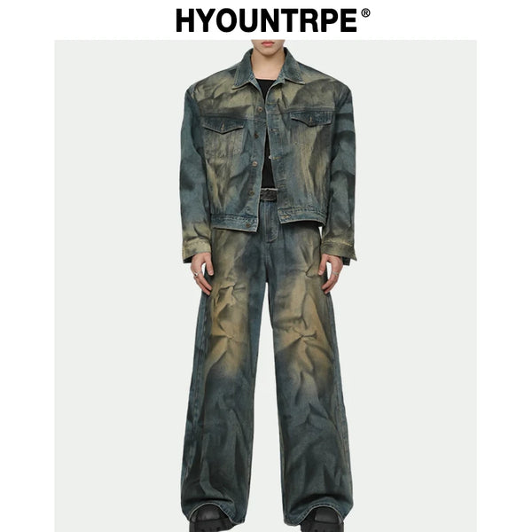 2 pieces sets mens fashion dirty graffiti wide shouder denim jeans jacket coat and wide legs pants joggers new streetwear sets sporty tapered joggers