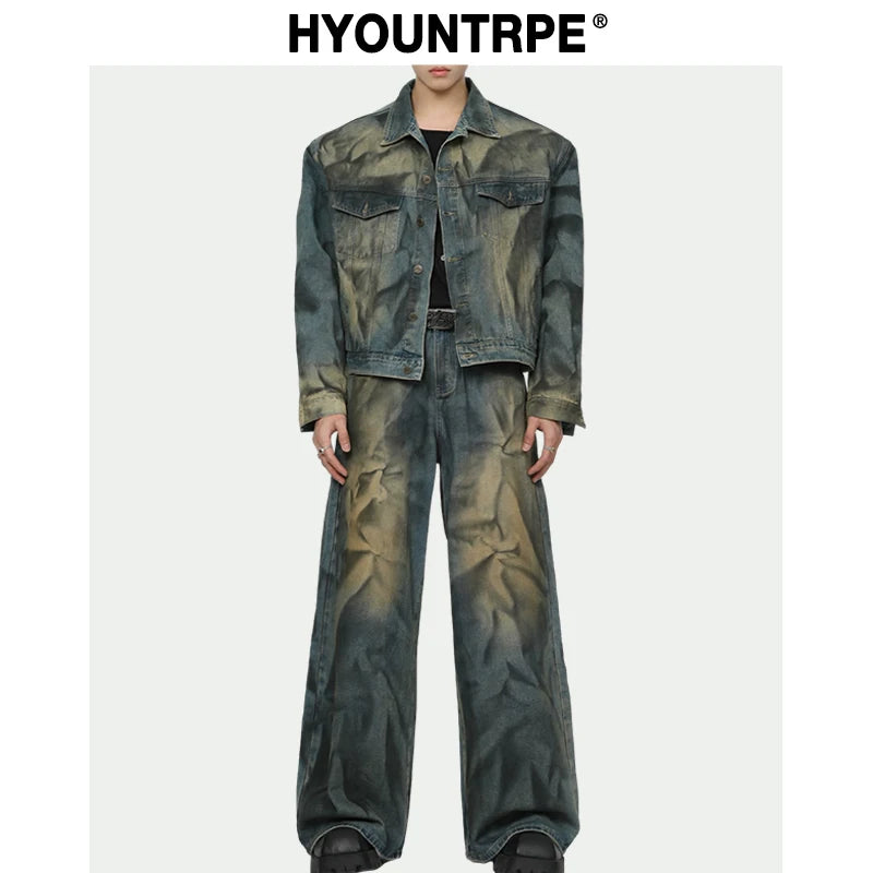2 pieces sets mens fashion dirty graffiti wide shouder denim jeans jacket coat and wide legs pants joggers new streetwear sets sporty tapered joggers
