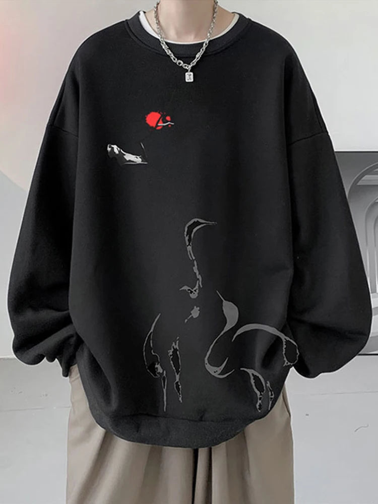 Ink Painting Cartoon Crane Printed Pullover Hoodies For Men 2024 New H