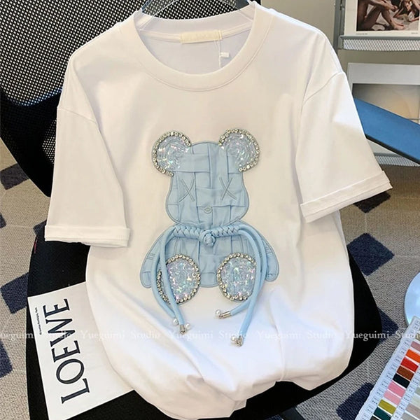 Trapwear Shirt – Luxury Embroidery Bear Diamond T Shirts Cute Cartoon – Modern Streetwear for Everyone