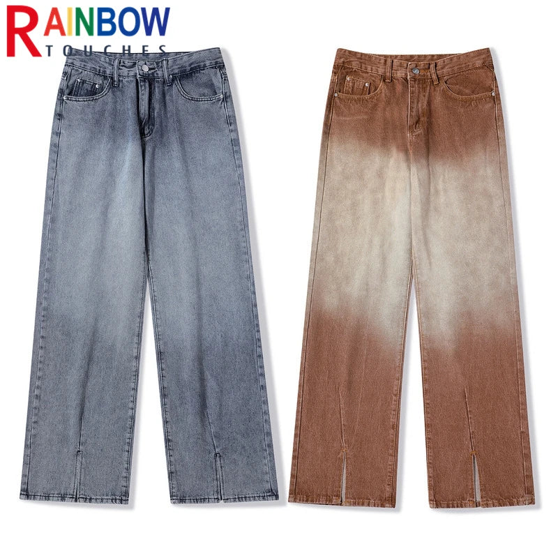 rainbowtouches mens washed jeans vintage high street gradient fashion trends zipper jeans loose straight long pant casual pants unique jeans style 3501