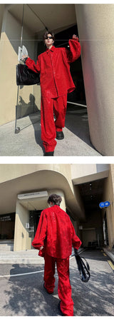 mens sequin 2 piece sets loose casual long sleeve shirt pant stage fashion party show clothing dress shirts trousers costumes unique default style 2889