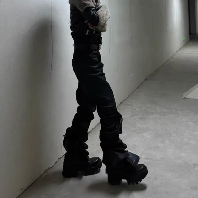 y2k streetwear wax leather strecth jeans for men and women ropa hombre baggy flare pants oversized straight denim trousers unique jeans style 4253
