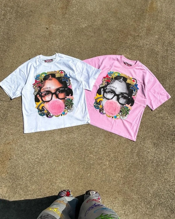 New Trendy Brand Anime Cartoon Printed Oversized T-shirt Shirt Women Y2k High Street Retro Cotton Round Neck Short-sleeved Men