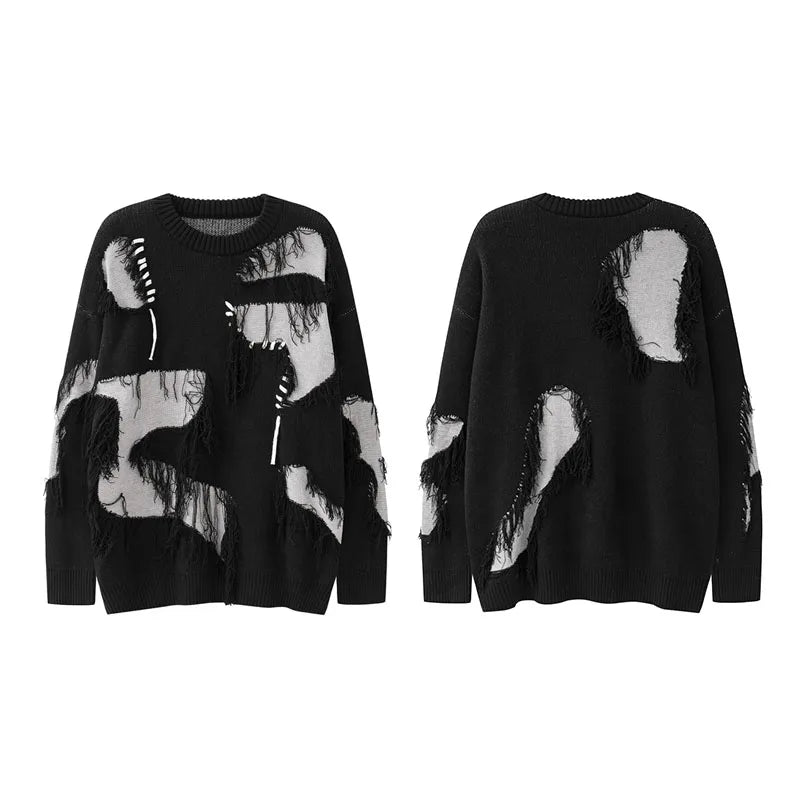 mens knitted sweater fashion tassel irregular block pullovers casual o neck unisex harajuku y2k streetwear loose knit jumpers - Y2K grunge street style, high quality cotton hoodie, soft fleece-lined outerwear