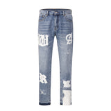 Frog drift Fashion Streetwear High Street REMAKE y2k Straight Stickers Blue Denim Jeans Trousers for men homme