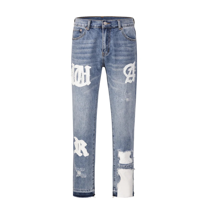 Frog drift Fashion Streetwear High Street REMAKE y2k Straight Stickers Blue Denim Jeans Trousers for men homme