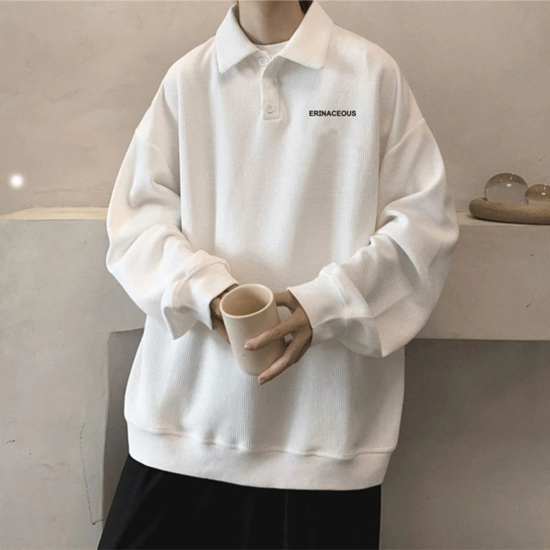 2025 Autumn Japanese Polo Sweatshirts Men Casual Waffle Turn-down Collar Sweatshirt High Street Long Sleeve Tops New in Hoodie