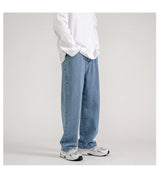 korean fashion mens baggy jeans classic all match solid color straight leg denim wide leg pants male light blue grey black unique jeans style 1141