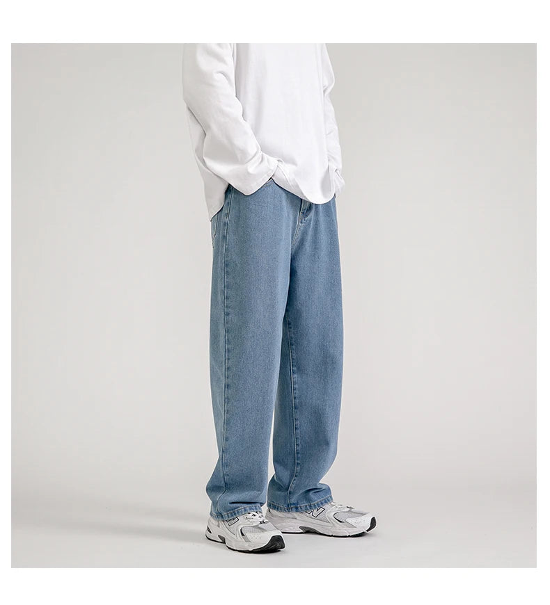 korean fashion mens baggy jeans classic all match solid color straight leg denim wide leg pants male light blue grey black unique jeans style 1141