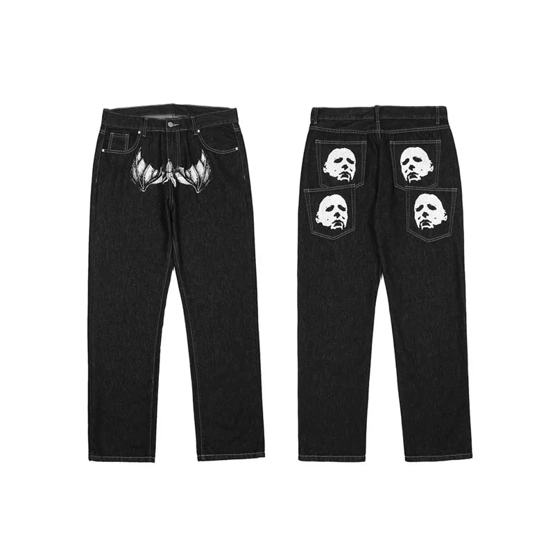 y2k retro sanskrit black jeans street casual pants punk male hip hop print loose harajuku mens straight pants ins hot sale unique jeans style 4757