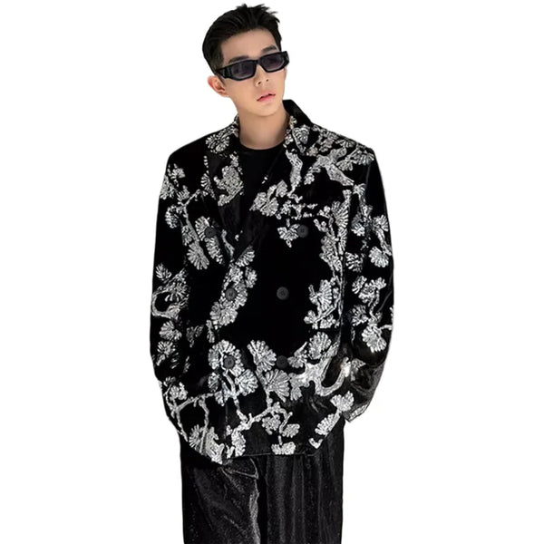 men sequin embroidery velvet loose casual 2 pieces suits blazers jacket pant sets stage party dress suits performance costumes urban fashion pants