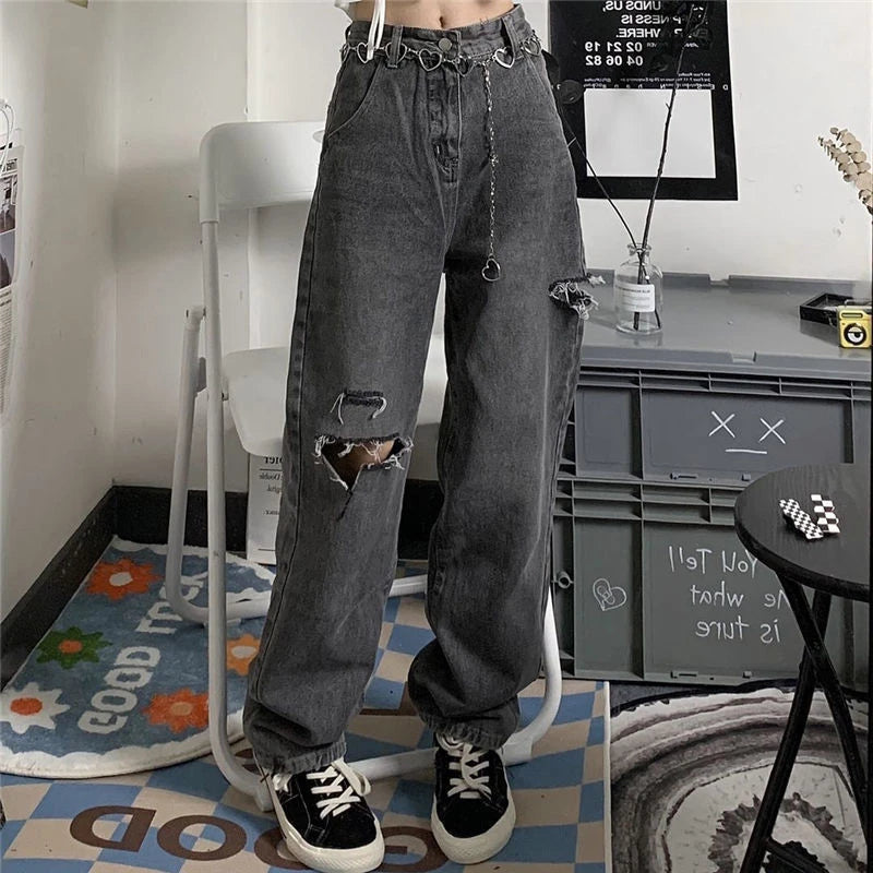 xpqbb vintage streetwear dark gray jeans women y2k high waist ripped denim trousers female 2022 new design loose wide leg pants unique jeans style 2804