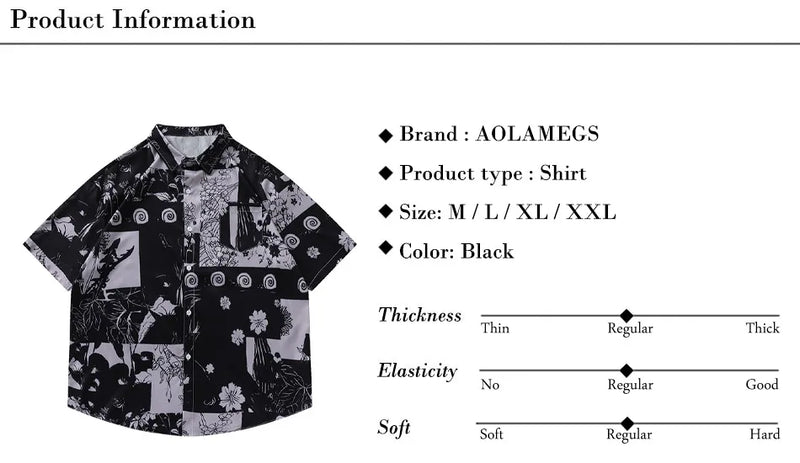 Men Hawaiian Shirt Retro Floral Print Short Sleeve Blouse Hong Kong Style Summer Beach Vacation Tops Casual Loose Shirt Black