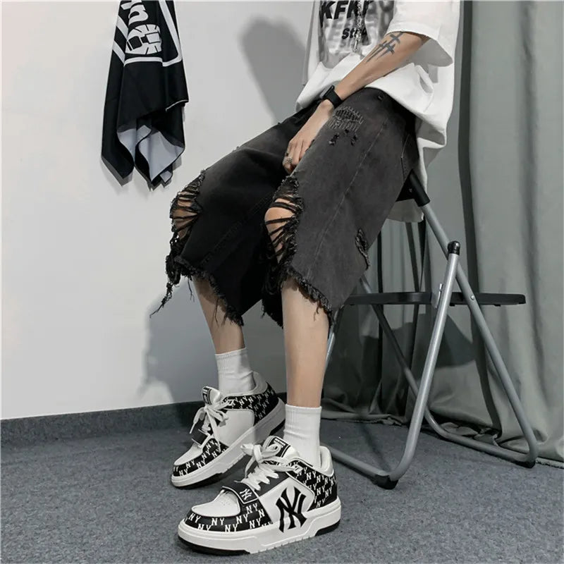 New Style Ripped Denim Shorts Men's Clothing 2024 Summer Five-point Korean Casual Youth Straight Trousers Boutique Clothing