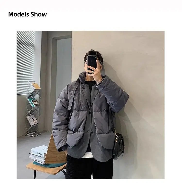 Korean street trend men and women retro personality fake two piece design couple winter loose thick casual jacket top harajuku