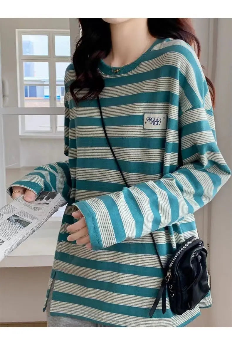 Y2k Vintage print – Design Niche Slit Striped Bottoming Shirt Women Autumn And W