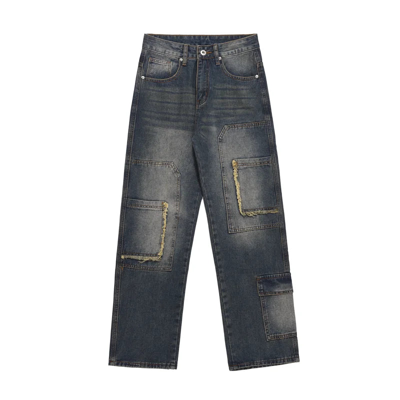 retro washed denim jeans destroyed ripped loose mens biker jeans side pocket fashion streetwear hip hop straight pants joggers unique joggers style 2201