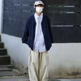 mens casual 2 pcs sets fake two pieces cotton shirt corduroy street wide leg pants sets japanese college retro couples suit minimalist street pants