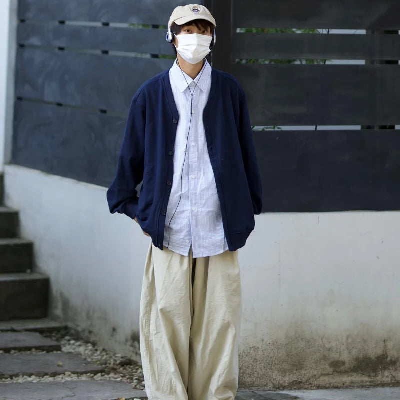 mens casual 2 pcs sets fake two pieces cotton shirt corduroy street wide leg pants sets japanese college retro couples suit minimalist street pants