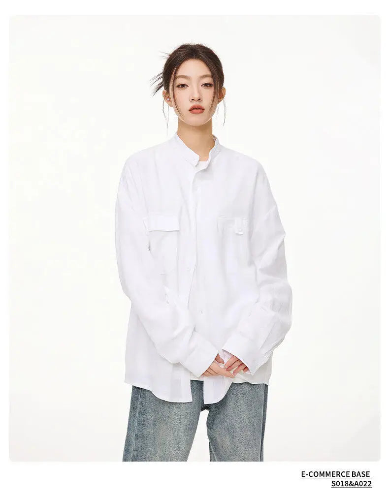 Men Loose Casual Streetwear Fashion Stand Collar Long Sleeve Black White Oversize Shirt Couple Plus Size Shirts Blouses