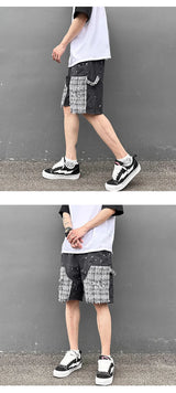 ripped holes patchwork denim jeans shorts mens high street straight short jeans hip hop streetwear casual short joggers pants unique joggers style 736