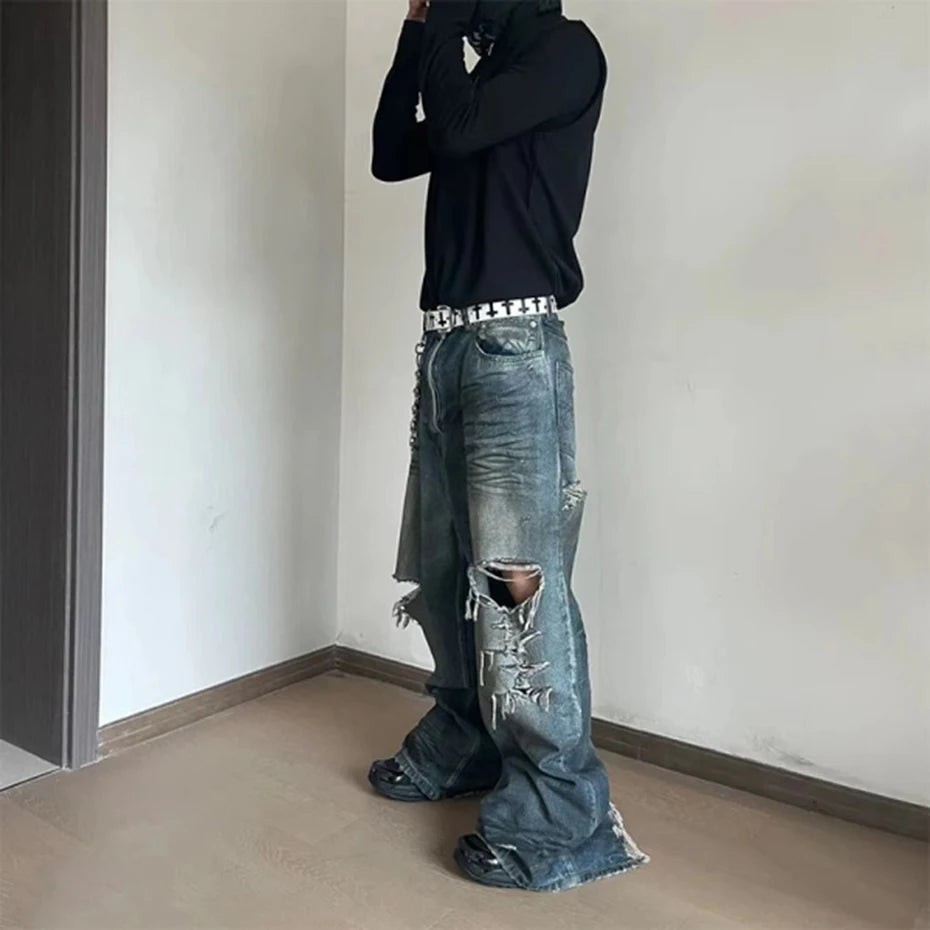 mens baggy jeans blue distressed ripped loose denim pants streetwear oversized hip hop jeans trousers unique jeans style 617