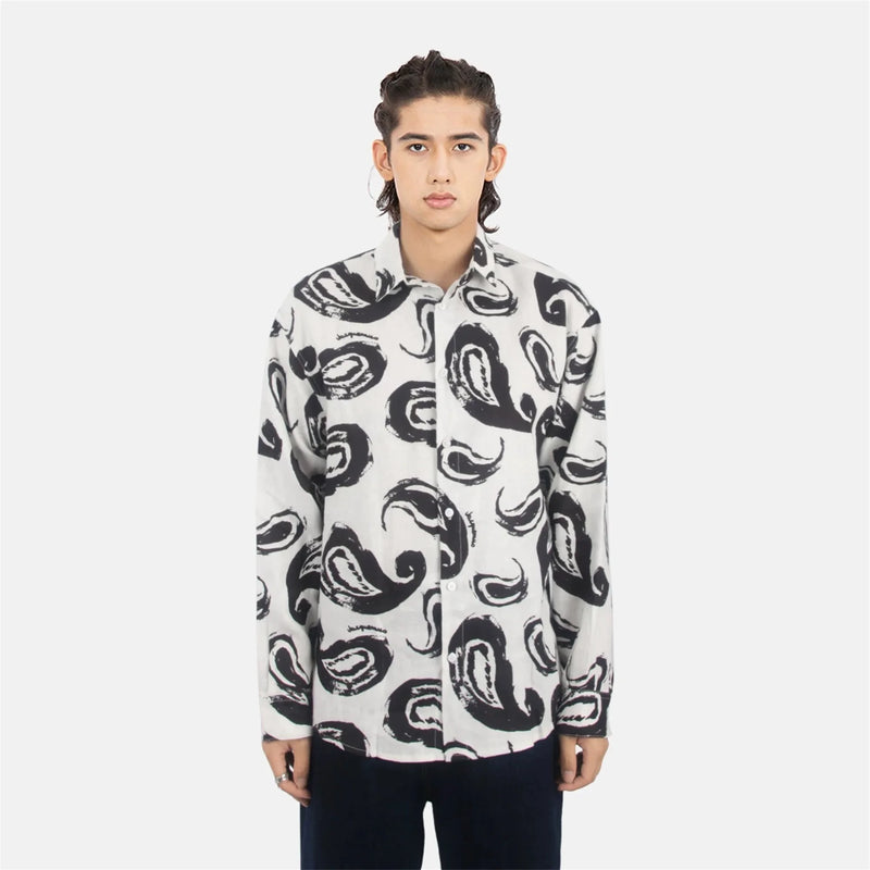 24ss New Retro Vintage Digital direct spray Cashew flower print High-Street Casual long sleeved shirt
