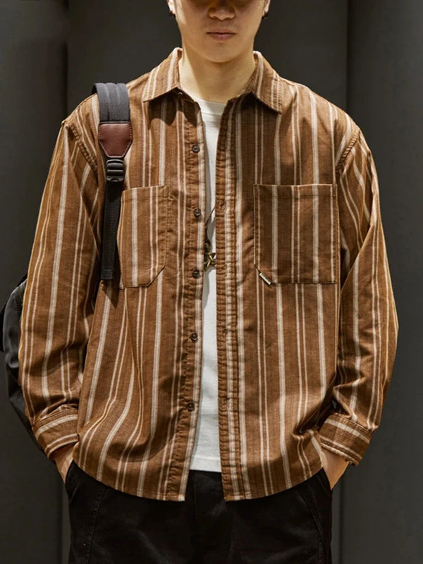 Glitchcore Melting smiley – Autumn Loose Striped Long Sleeve Shirts For Men Korean Fashion